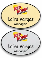 1 GOLD & 1 SILVER OVAL RED ROBIN PERSONALIZED NAME BADGES SAFETY PIN FASTENER