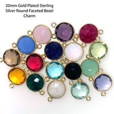 Birthstone Round Connector, Bezel Gemstone Gold Plated Sterling Silver 2 Pcs 