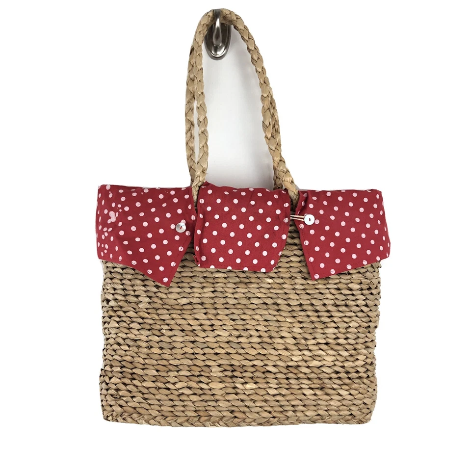 Bolso de Mano de Paja Grande 15x12x4 Extraíble Forro Bolsillo Interior Rojo Lunares AQ1 Foto 2 de 4