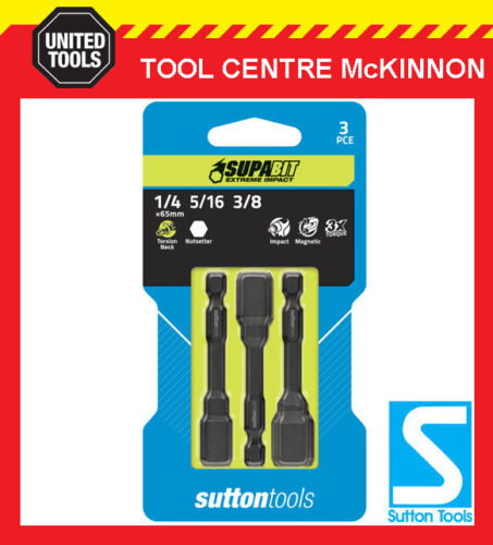 SUTTON IMPACT 3pce MAGNETIC HEX DRIVE NUTSETTER / TEK BIT SET – 1/4, 5/16 & 3/8" - Foto 1 di 2