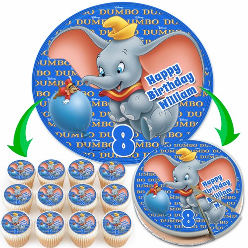 DUMBO BLUE PERSONALISED BIRTHDAY EDIBLE CAKE TOPPER & CUPCAKE TOPPERS