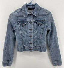 DKNY Vintage Crop Jean Jacket Womens S Small Blue Denim Button Up Fast Shipping