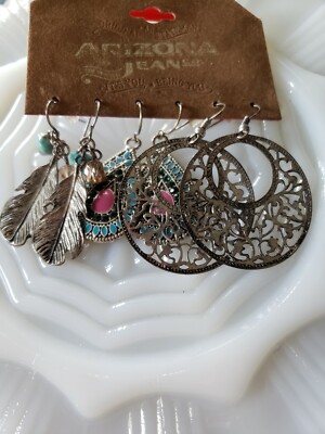 Arizona Jeans Pierced Earrings Boho Feathers Silvertone 3 Pair Bohemian Hippie