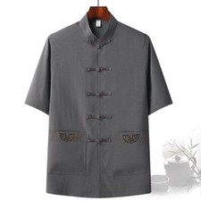 Mens Ethnic Chinese Shirt Tee Top Embroidered Tang Suit Training Tai Chi Kung Fu
