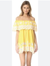 Miguelina Crochet Embroidered Yellow Polka Dot Off Shoulder Mini Dress XS