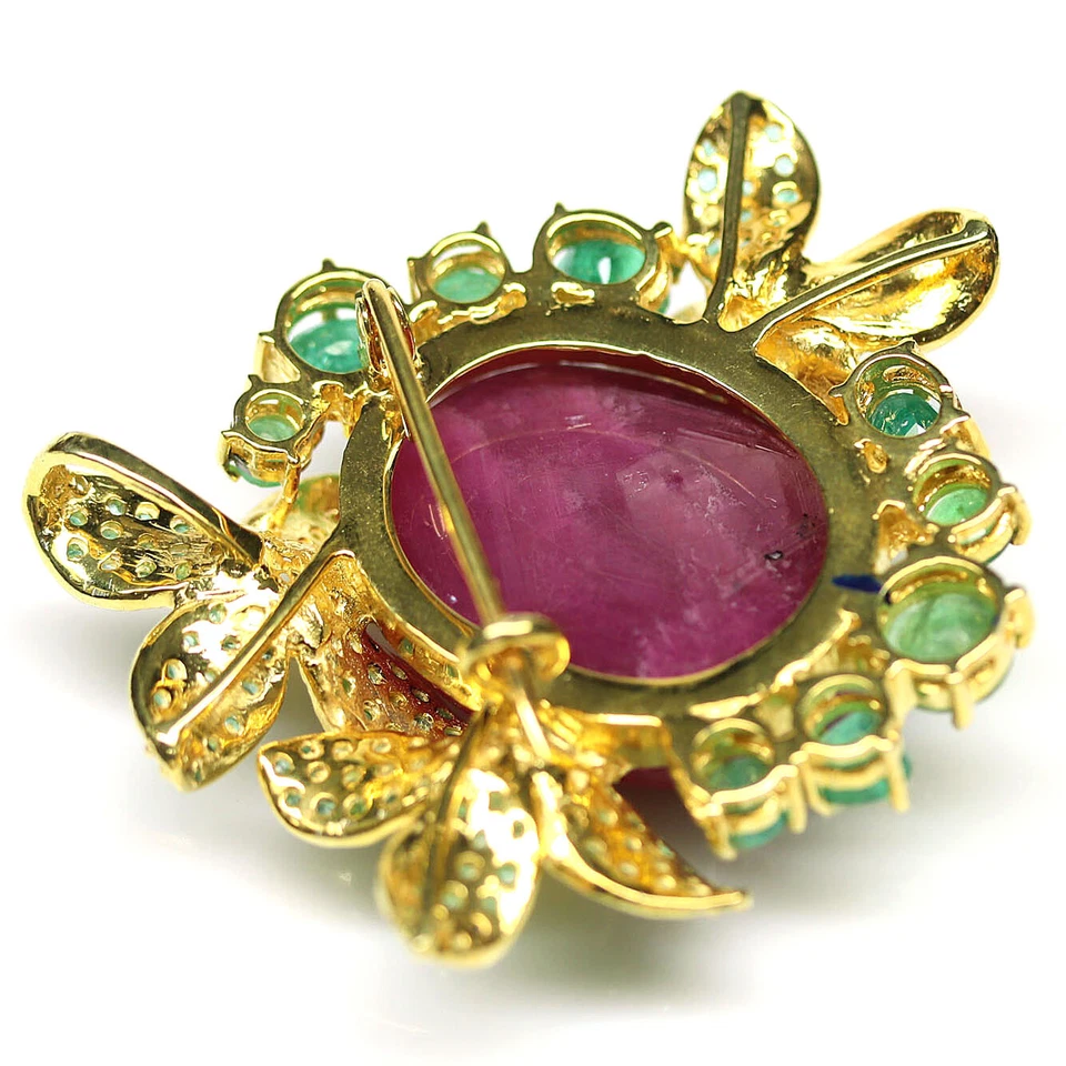 925 Sterling Silver Red Ruby & Green Emerald Two Tone Brooch/Pendant - Image 3 of 4