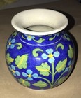 Handle Painted Floral Vase. - 7” - Blue With Flowers - Glazed Pottery