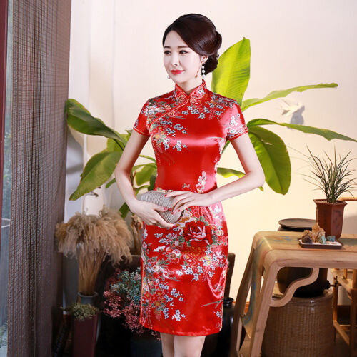 New China Red Satin Floral Prints Chinese Asian Short Cheongsam Qipao Dress - Picture 1 of 5