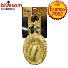 TM437 Sequins Gold Hat Tie Suspender Rap Star Ali G 80s Gangster Hip Hop Costume