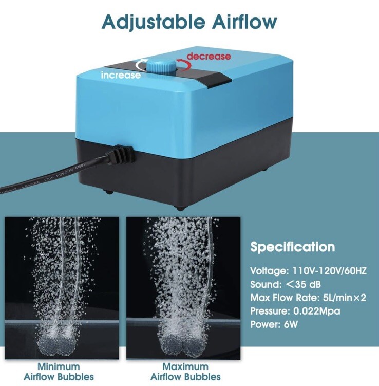 Quietest Aquarium Air Pump, Adjustable Oxygen Aerator Pump with One