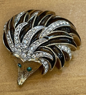 A&S Hedgehog Brooch Gold Tone Blue Eyes Rhinestone & Black Enamel Back Vintage