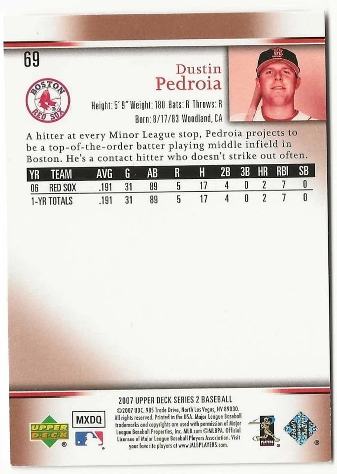 Tarjeta de novato Dustin Pedroia 2007 Upper Deck DORADO PARALELO RC SP #69 RARA/75 Foto 2 de 2
