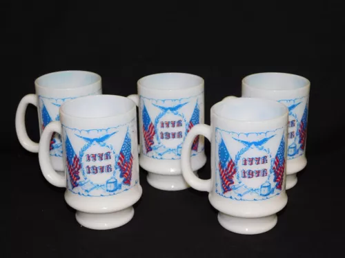 5 Vintage Bicentennial Milk Glass Pedestal Coffee Cup Mug 1776 1976 USA