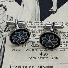 Boutons de manchette ronds métal argenté motif fleur bleu noir