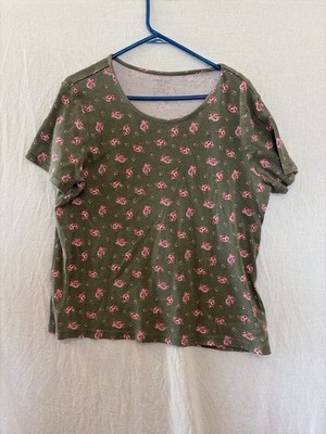White Stag Women s XXL 2X 20 Green Floral Rose Print Short Sleeve Cotton Top