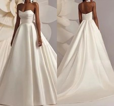 Elegant Satin A Line Wedding Dresses Open Back Simple Boho Bridal Gowns Pleated