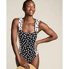 Land's End Vintage Style Black White Polka Dot One Piece Swimsuit Size 12 NWT