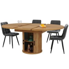 Round Extendable Dining Table & 4 Chairs Set w/ Storage Cabinet 118-158cm Walnut