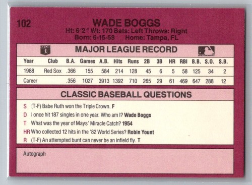 1989 Classic Orange Wade Boggs #102 - Picture 2 of 2