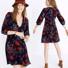 Madewell Silk Ruffle-Waist Windblown Poppy Mini Dress Sz 8 Preppy Zip Closure