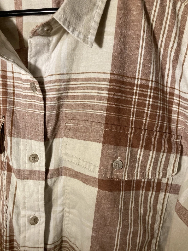 Eddie Bauer Button Up Shirt Womens 2XL/Brown/Beige/Plaid/54% Hemp/Tiny Flaw/Soft - Image 3 of 4