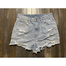 Shein Womens Distressed Denim Shorts Light Wash Ripped Frayed Hem Blue