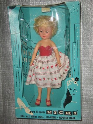 Vintage 10'' Miss Vicki Vinyl Doll Blonde w/ Red Dress & Shoes in Box