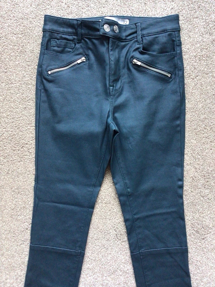 NEXT PETITE BOTTLE GREEN SKINNY HIGH RISE FAUX LEATHER TROUSERS ZIP CUFFSIZE 12  - Image 3 of 4