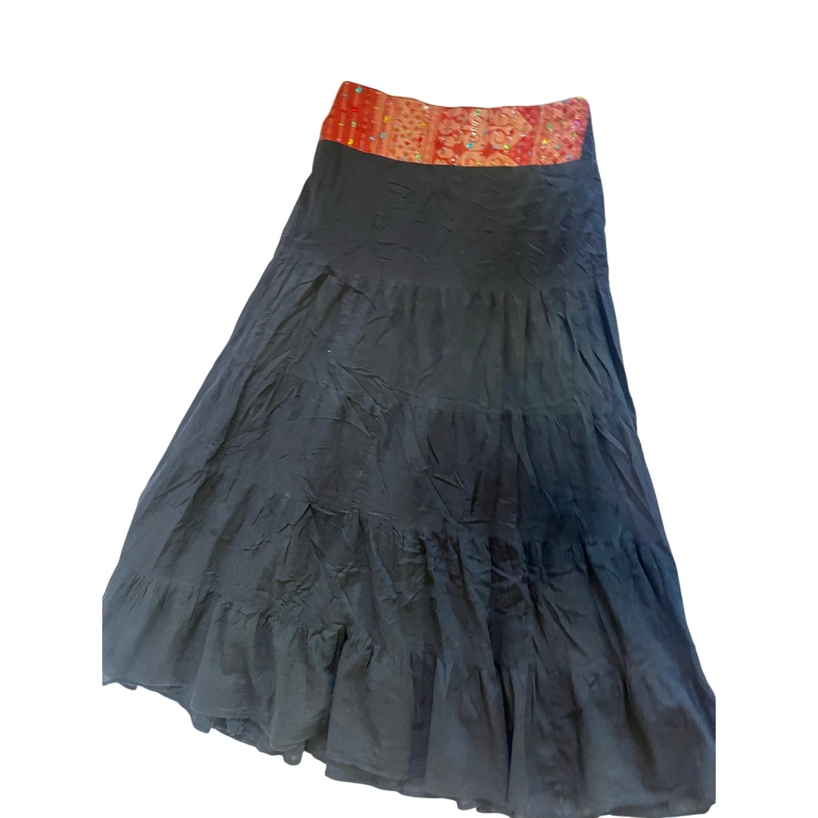 Sacred Threads tiered boho maxi skirt cotton orange/red beaded waistband
Opens in a new window or ta