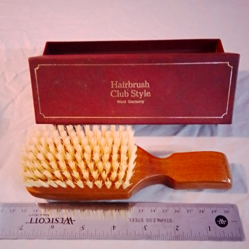 Vintage Wood Handle Hairbrush w/ Box Rectangular 9 in Brown/White West Germany