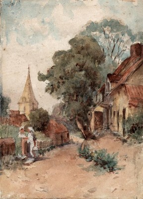 Figuren in Dorflandschaft - kleines Aquarell - 19. Jahrhundert
