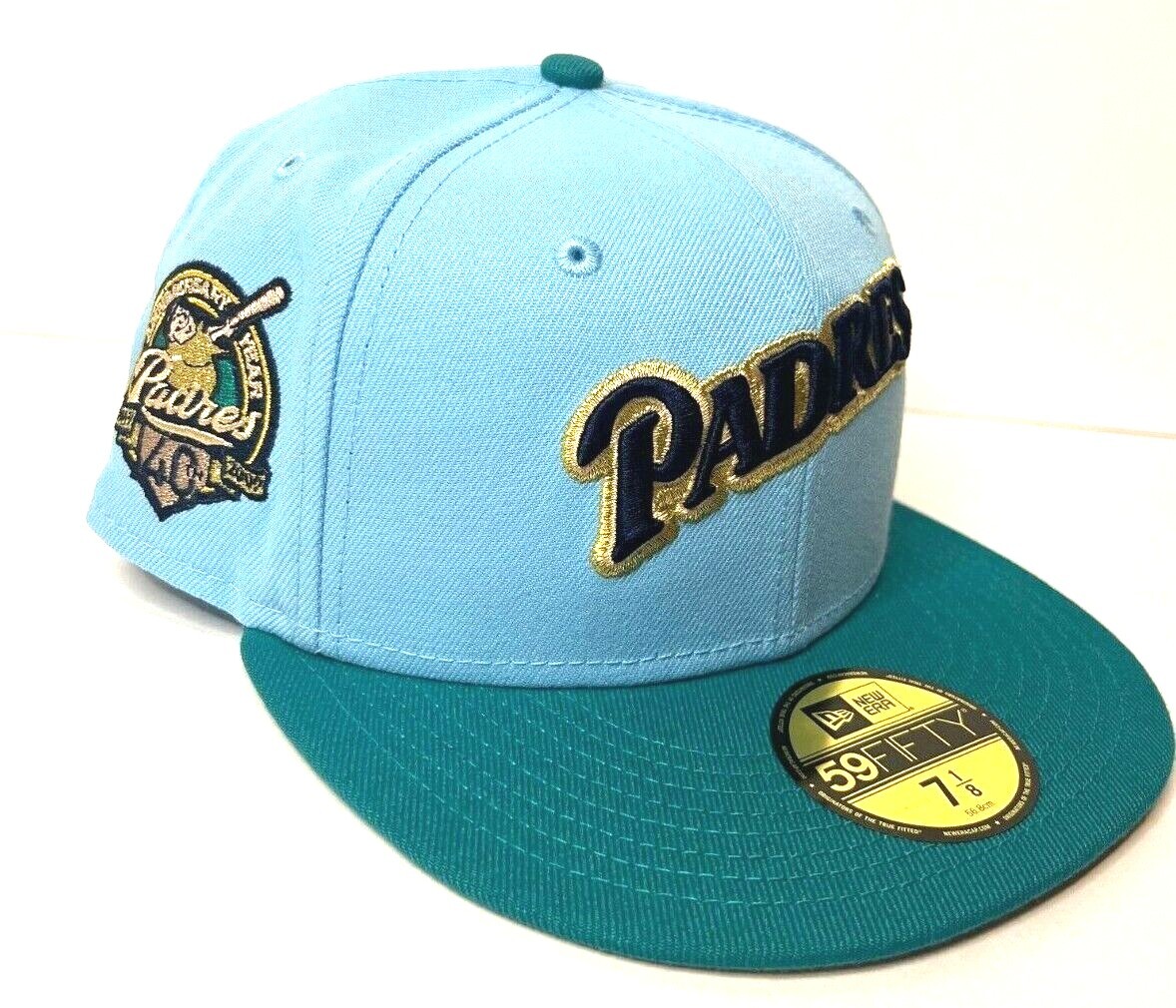 New Era San Diego Padres Script Fitted Hat Men Sky Blue/Teal/Gold