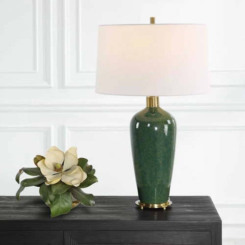 Classic Mottled Dark Green Gloss Ceramic Table Lamp 29 in Moss Antiqued Brass - Picture 2 of 7