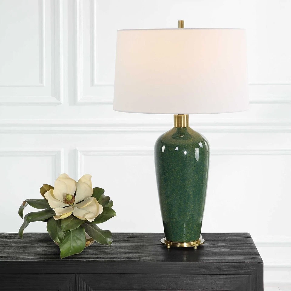 Classic Mottled Dark Green Gloss Ceramic Table Lamp 29 in Moss Antiqued Brass - Image 2 of 4