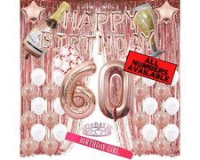 60th Birthday Rose Gold Decorations - 40" Number Balloons, Foil Curtains  More