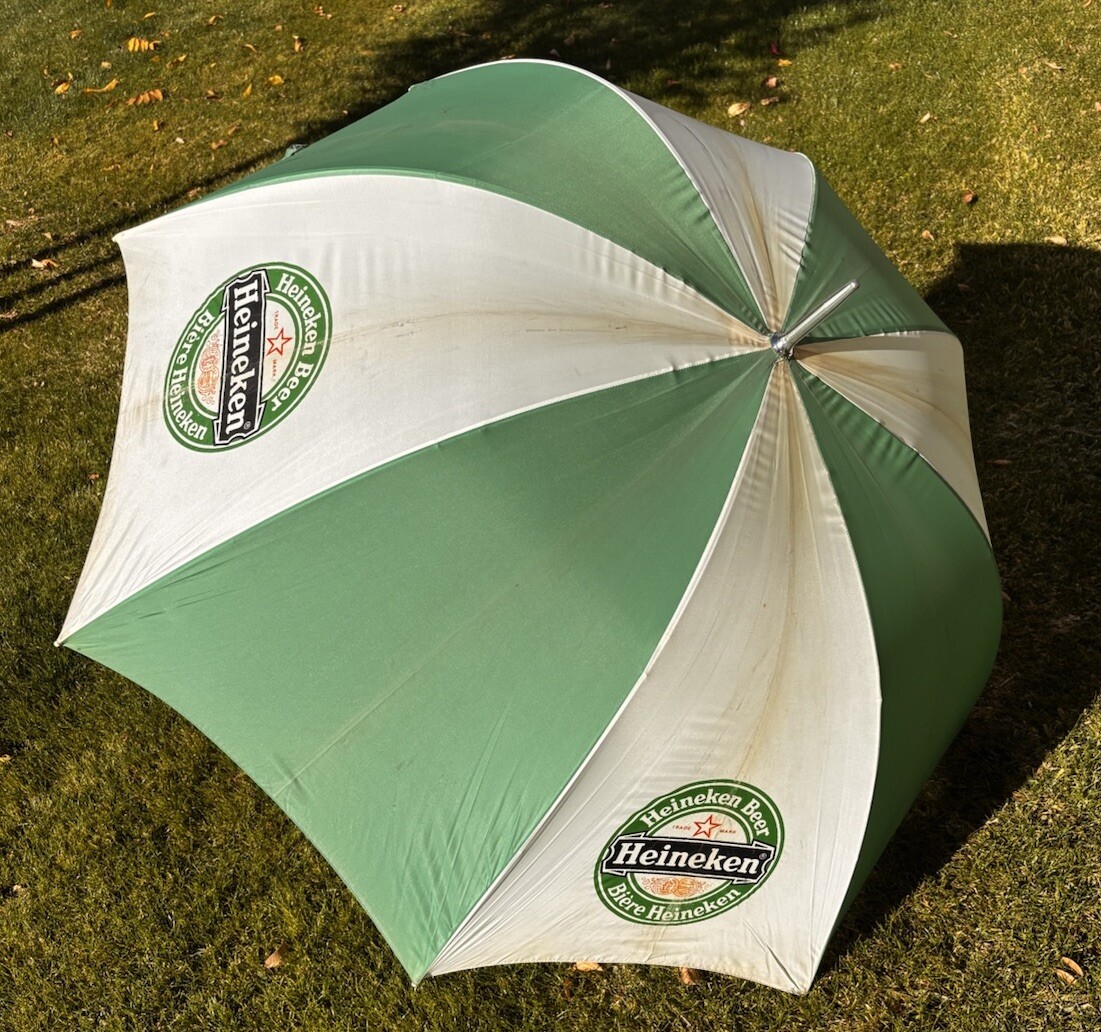 Heiken Rope Vintage Heineken Beer Biere Umbrella 8-Panel 48” Wood Handle Rope Green ...