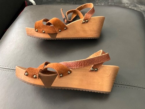 SANITA WOOD LEATHER SANDAL WEDGE SHOE FLEX 37/6.5 BROWN THE ORIGINAL DANISH CLOG - Picture 6 of 9