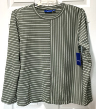Apt. 9 Pullover Top Sage White Stripe Long Sleeve Poly Rayon Soft Size L NEW