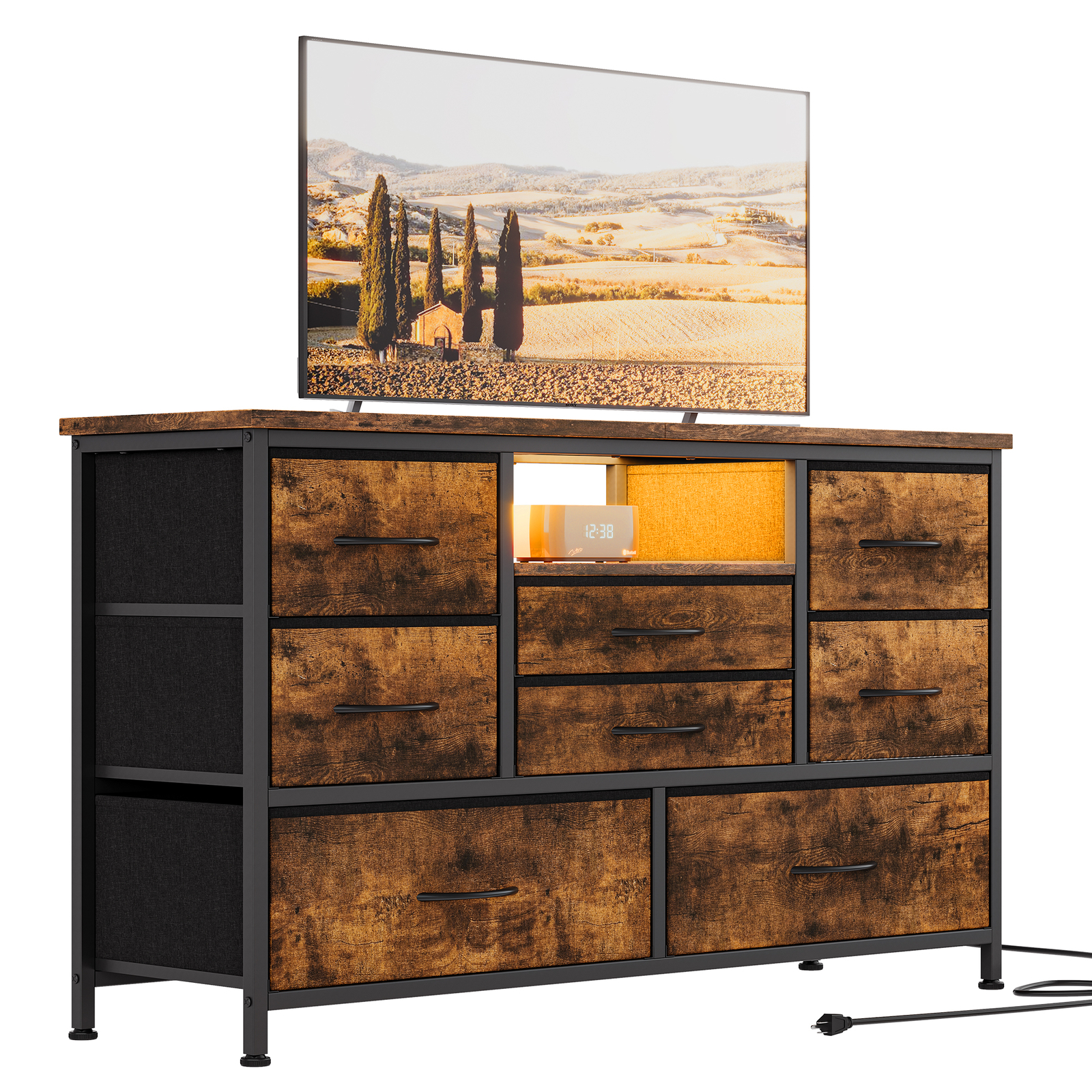 8 Drawer Dresser w/ Power Outlet & LED Light Fabric Storage 