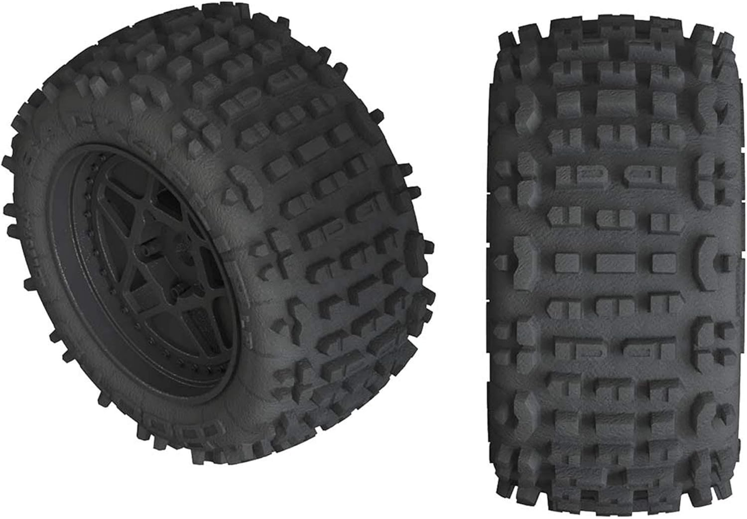 Backflip LP 4S 3.8 RC Truck Tires with Foam Inserts Mounted on Multi-Spoke Black Wheels
