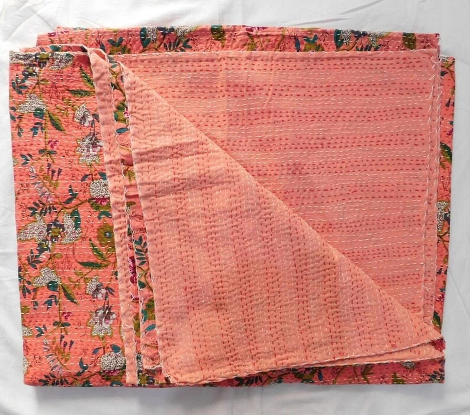 Indian Vintage King Size Kantha Quilt Bedspread 100%Cotton Bedding Throw Blanket - Image 3 of 4