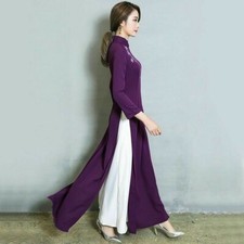 Lady's Chiffon 2 Layers Chinese Style Long Dress Purple Vintage Cheongsam Qipao