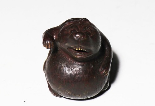Netsuke Inro Sagemono Edo Ära japanisch antikes Holz geschnitzt Tanuki Waschbär-Hund - Bild 2 von 7