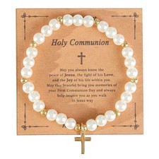 First Communion Bracelet for Women White Pearl Gold Cross Charm Bracelets First