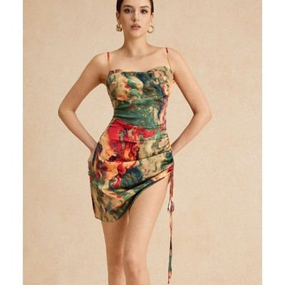 Micas Colorful Abstract Print Satin Slip Dress Mini Spaghetti Strap Large NWT