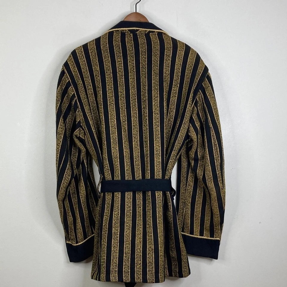 Vintage Smoking Jacket Mens Large Black Gold Stripe Wool Dressing Gown England Foto 2 de 4