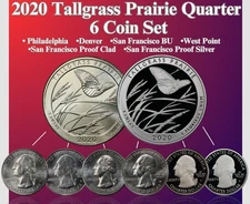 2020 P D S W  TALLGRASS PRAIRE PARKS QUARTER 6 COIN SET BU & CLAD & SILVER PROOF