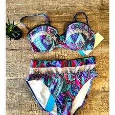 Gottex Paisley Bikini Set Sz8 High Waisted Retro Boho 34C Underwire Top Swimwear