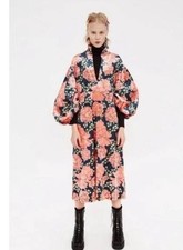 Vintage ZARA Women Floral Velvet Puff Sleeve Kaftan Midi Dress Blue Pink Sz M