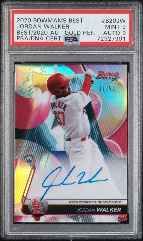 2020 Bowman’s Best Jordan Walker Gold Auto /50 PSA 9